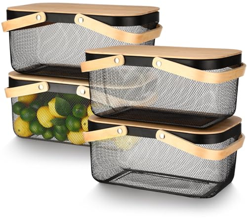 Jingmore 4 Pcs Harvest Basket Garden Metal Mesh Picnic Baskets with Wooden Handle and Lid Garden Storage Basket Bin for Vegetable Fruit Kitchen Cabinet Picking Gathering Pantry(16 Inch,Black)