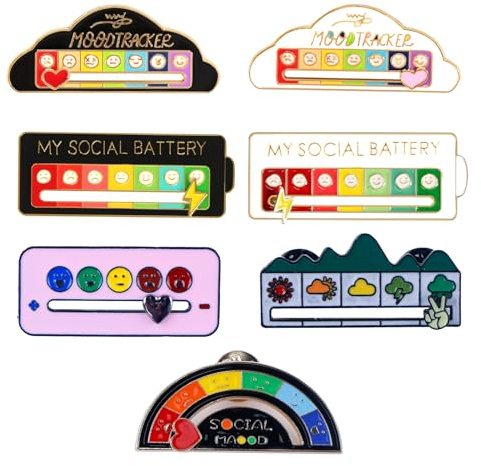 QINGYIWL My Social Battery Pin Lot de 7 broches amusantes pour humeur sociale pour 7 jours d'épingles d'humeur interactives pour la santé mentale avec boîte cadeau rose, Métal, Alliage.