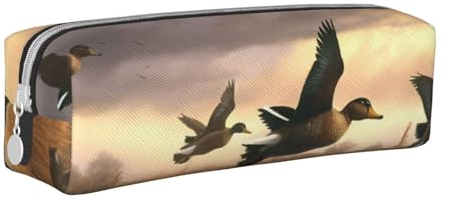 ULKMFFCF Federmäppchen aus Leder mit Jagd-Motiv fliegende Wildenten – niedliche Reißverschlusstasche für Schule, Büro, Reisen und Make-up, weiß, Einheitsgröße, Schulranzen