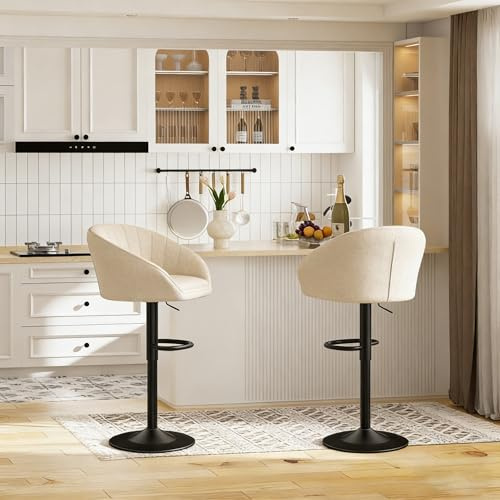 Juego de 2 Taburete de Bar, Taburetes Altos de Cocina Con Respaldo, Taburetes Altos Ajustable 89-102 cm, Silla de Cocina Tasburete Alto de Tela, Silla de Bar para Cocina Bar Comedor (beige)