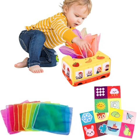 Jouet Bebe 6 Mois Mouchoirs Papier Boite, Montessori Bebe Jouet, Jouet Sensoriel Bebe Boîte à Mouchoirs avec 3 Papiers Froissés et 10 Foulards en Soie Colorées, Jouet Eveil pour Bébé 0-12 Mois