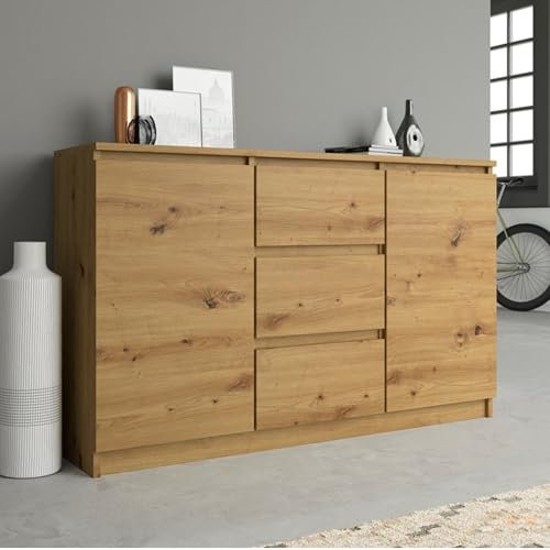 Home Collective Kommode, Schlafzimmer Flur, Schrank, Sideboard, Highboard mit 3 Schubladen und 2 Türen, Breite 120 cm Höhe 75 | Artisan