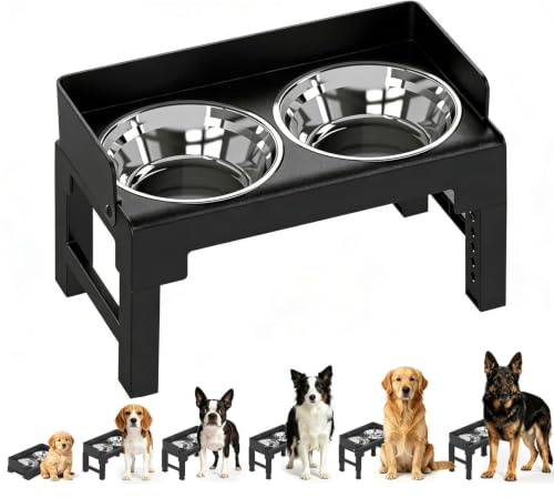 PAKEWAY Elevated Dog Bowls for Medium and Large Dogs, Spill Proof Tiltable Dog Feeder with 2 Stainless Steel Bowls, 6 Height Adjustable Raised Dog Bowl Stand