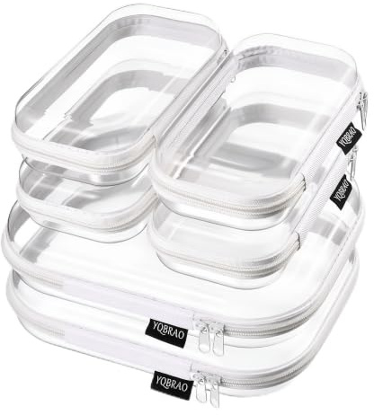 YQBRAO 6 Pack Clear Hard Shell Beauty Organizer (2M+4S), 1.2mm Crush-Proof Cosmetic Case, Reinforced YKK Zippers, Stadium Approved Security Bag for Skincare, Toiletries & Electronics, Multi-Size Set