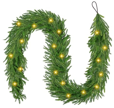 Ghirlanda Natalizia Pino Norfolk Artificiale, 2.7M Decorazioni Natalizie-Ghirlanda Natalizia con Luci, 100% PVC Festoni Natalizi per Esterno&Interni, Ghirlande Natalizie per Scale Ringhiere Caminetti