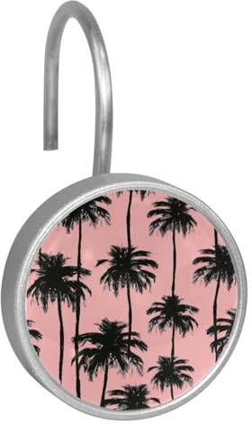 Paquete de 12 ganchos de cortina de ducha para baño, anillos decorativos de acero inoxidable para barra de ducha y ventana, telón de fondo rosa con silueta de palmeras