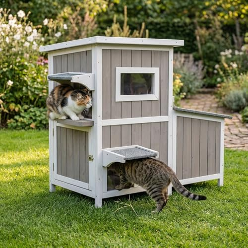Pawbuilt 2-Story Large Outdoor Cat House and Weatherproof Shelter - Fir Wood with Feeding Station & Openable Asphalt Roof, 3 Rooms & 3 Escape Doors for 2-3 Cats