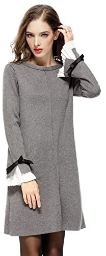 Paskyee Femmes Grande Taille Ras du Cou Bow évasé Manche Pull Tricot Robe