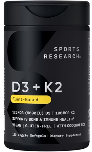 Sports Research Vitamin D3 with K2 Softgels - Plant Based K2 & Vegan D3 5000iu with Coconut MCT Oil - Vegan Certified, Soy & Gluten Free - 120 Count