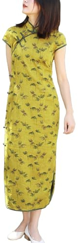 LZJN Abito estivo da donna cinese Cheongsam con bottone a rana moderno Qipao casual e abito da sposa, Giallo scuro., M