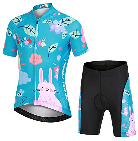 YFPICO Kinder Radtrikot Set Jungen Mädchen Fahrrad Trikot Kurzarm + Radhose mit Sitzpolster, Blumen-Fuchs(Bausatz), L