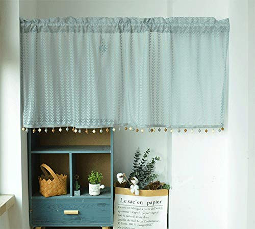 Yaland Visillos transparentes de voile cortinas con elegante patrón corto, cortinas de cocina, estilo rústico, cortinas de bistro con borde de bolas, gris (ancho x alto 100 x 50 cm) 1 pieza