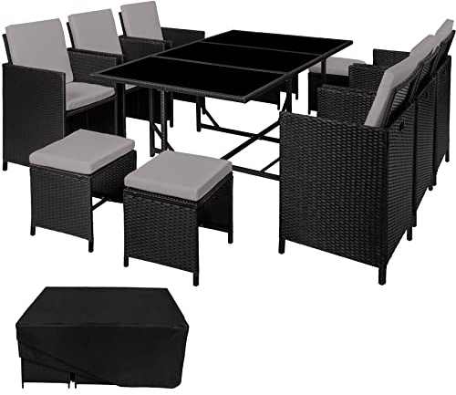 tectake® Outdoor Balkon Gartenmöbel Set, Lounge mit 6 Stühlen, 4 Hocker und 1 Tisch, Poly Rattan Geflecht, wetterfest, platzsparend - schwarz/grau