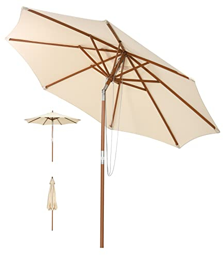GOPLUS Parasol de Jardin Exterieur 2,7M, Parasol Inclinable avec 8 Baleines, Poteau en Bois, Anti-UV, Parasol à Corde pour Balcon Plage Jardin, Beige, Base Non Incluse