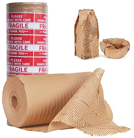 Honeycomb Packing Paper Wrap 12x400' Recycled Cushion Wrapping Roll Eco Friendly Shipping Moving Wrap Biodegradable Packaging Suppliers with 20 Fragile Sticker Labels