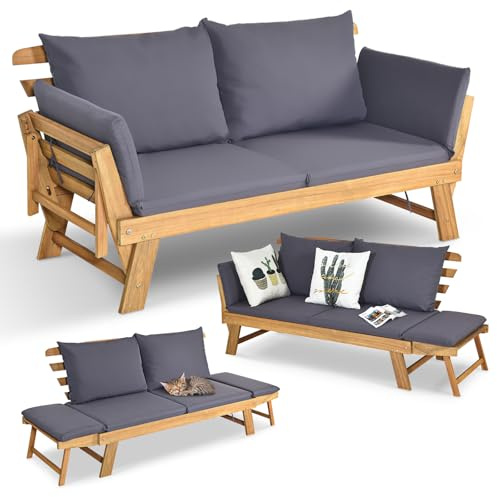 COSTWAY Canapé Lit de Jardin Convertible 2 Places en Bois d’Acacia avec Coussin, Canapé de Jardin 2 en 1 avec Accoudoir Réglable Charge 320KG, pour Patio Piscine Cour (Gris)
