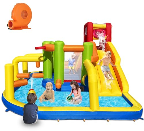 Baralir Hüpfburg XXL mit Wasserrutsche und Gebläse – Ideal für Garten, Perfektes Spielhaus für Kinder Outdoor, Sicheres Spielplatz Erlebnis