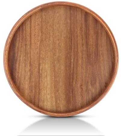 LDXDRU Deko Tablett Rund 30cm Rustikal Walnuss Holztablett Vintage Braun Dekotablett Dekoteller Serviertablett Holz Tablett für Kaffee und Home Decor