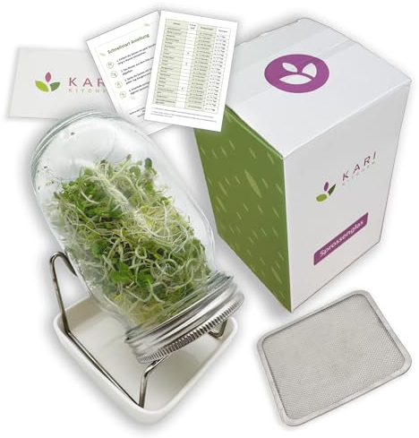 KARI KITCHEN - Sprossenglas 1000ml für Sprossen plus Kresse Anzuchtschale mit EBook und Anleitung (Keimglas für Sprossen, Sprossen Anzuchtset, Sprossenglas Keimglas Set,Keimschalen Sprossen) (1er Set)