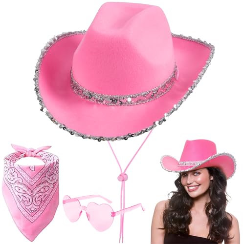 Aomig CowboyHut Damen Herren Fashion Cowboyhüte Cowgrilhut Rockstar Randlose Hippie Herzförmige Brille Halstuch Wilder Westen Party Brillen Geburtstagsfeier Fasching Karneval Kostüm Mottoparty(A-Pink)