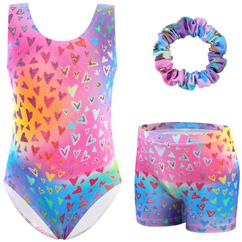 XiaoMoSha Girls Three-Piece Gymnastics Set Sleeveless Girls Leotards with Shorts and Hairband Sparking Multi Gradient Color Dance Ballet Unitards Gymnastics Outfits, RainbowHeart, 3-4 Years