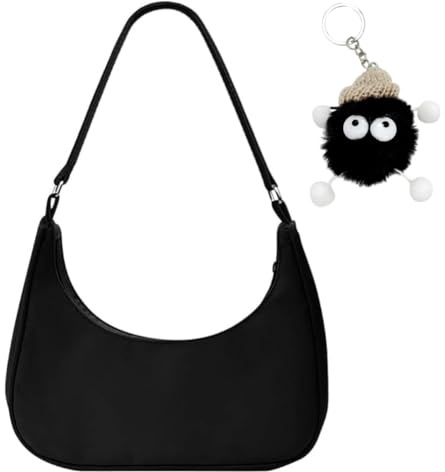 CUEMOON Umhängetasche Damen Handtasche, Nylon Retro Achsel Tasche mit Pom-Pom-Schlüsselanhänger, Bag für Damen Reisen