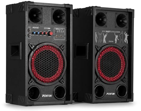 Fenton SPK-108 PA Anlage Aktiv Komplettset 400 Watt – Party Lautsprecher Paar mit Bluetooth & USB – DJ Anlage Boxen Musik – 8 Woofer Standlautsprecher – Musikbox Groß für Karaoke & Events