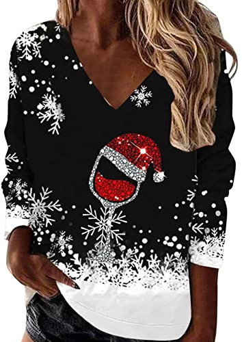 Générique Blouse Noel Femme Oversize col V T-Shirts à Manches Longues pour Femmes Tops Imprimée Chemise élégante et Décontractée pour Femmes Chemises