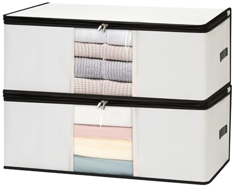 Cozary 2 Piezas 60L Bolsas Almacenaje Ropa, Cajas Almacenaje Ropa Plegable Debajo de la Cama con Ventana Transparente, Bolsas para Guardar, Caja Organizadoras Armario para Mantas, Blanco