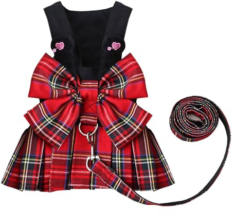Robe pour Chien Chiot Nœud Papillon Luxe Princesse Jupe À Carreaux Tenues D'été Vêtements Harnais Et Laisse Jupe Tutu Robe Mignonne pour Petite Chienne