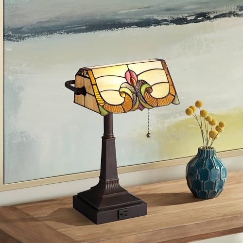 Robert Louis Tiffany Fleura Traditional Tiffany Style Piano Banker Desk Table Lamp 17 High with AC Power Outlet Bronze Floral Art Glass Shade Cottage Core Decor for Bedroom House Bedside Nightstand