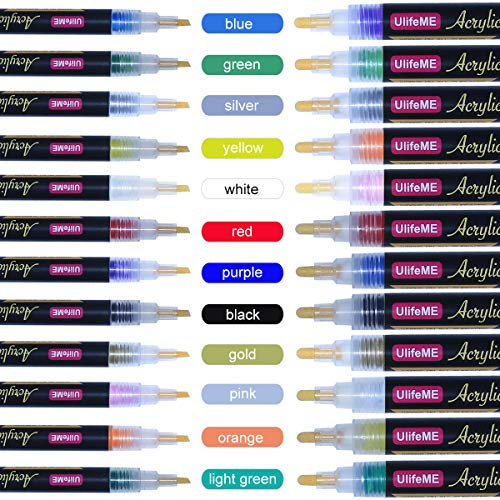 Ulifeme Pennarelli Vernice, 12 Pezzi 3mm Pennarello Acrilici Indelebili + 12pcs 6mm Permanenti Vernice Penne per Pietre e Ceramica, 12 Colori Acrilica Set con Punta Tonda e Scalpello per Bambini DIY