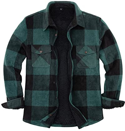 Camicia giacca da uomo in flanella foderata in caldo pile Sherpa (tutto foderato in pile Sherpa), Plaid verde., X-Large