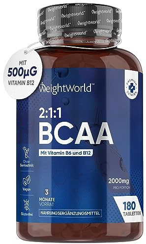 BCAA Tablets 2000mg - 180 Tablets - with Essential Amino Acids - Vitamin B6 & B12-3 Months Supply - 2:1:1 Ratio BCAAs - for Men & Women - Vegan & Non-GMO