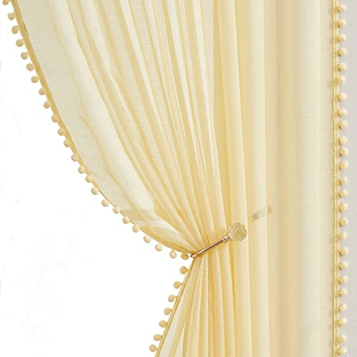 Yellow Sheer Curtains for Bedroom 90 Inch Drop Linen Texture Pom Pom Trimmed Voile Curtains Pencil Pleat Farmhouse Light Filtering & Breathable Window Treatment Sets for Living Room 52wide 2 Panels