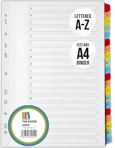 The Paper Shop A4 Ordner Register Unterteiler Hochformat 150 g/m² | 1 Pack | 20-Teilig Alphabet A-Z Mehrfach Gelocht | Kunststoff Tabs Für Büro Schule Archiv Organisation