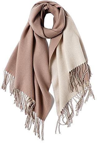maamgic Echarpe Foulard Pashmina pour Femme Homme Automne Hiver Elégant Châle Étole Double Couleurs avec Franges Touché Soyeux pour Mariage Party Soiree,Crème Marron