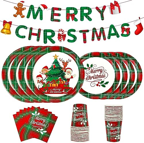 LATERN 114 Pièces Vaisselle de Fête en Papier de Noël, 24 x 9 Pouces Assiettes à Dîner, 24 x 7 Pouces Assiettes à Salade, 24 x 270ml Tasses, 24 x Serviettes, 1 x Bannière - pour 24 Invités Fête
