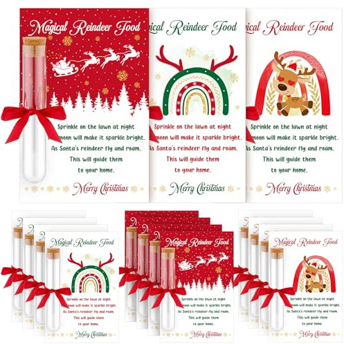 Hushee 12 Sets Clear Hard Plastic Test Tubes Christmas Magical Reindeer Food Stickers Label with Red Ribbon Kit Treat DIY Gift for Candy Storage Sample Party Gumball Family Holiday