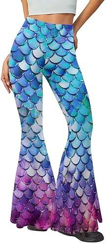 Bulopur Women High Waisted Yoga Flare Pants Bootcut Leggings Pants Workout Trousers Wide Leg Sweatpants, Blue-purple Gradient Galaxy Mermaid Scales, S