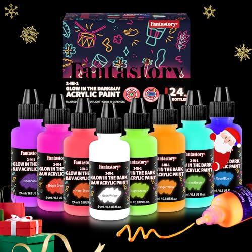 Fantastory Pintura luminosa que brilla en la oscuridad, 8 x 24 ml, color neón, color negro, ideal para trabajos de detalle; piedras, lienzos, adultos, ropa de fiesta; juego de pintura acrílica