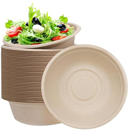 50 Bol en Canne à Sucre,Bols Jetables 220ml,Bol en Carton Krafte,Biodégradable,Compostable Vaisselle Jetable Canne à Sucre Bols en Papier pour Fêtes,Pique-niques,Maison les Aliments Chauds et Froids