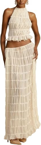 Completo da donna in chiffon, 2 pezzi, estivo, casual, con lacci, senza maniche, schiena scoperta, top corto e gonna a pieghe a vita alta, maxi gonna plissettata, set coordinato per eventi serali,