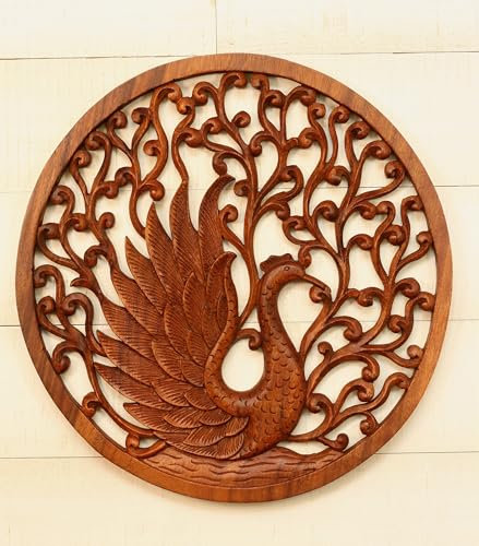 G6 Collection 16 Wooden Hand Carved Wall Peacock Relief Panel Handcrafted Wall Plaque Gift Decorative Home Decor Accent Handmade Wood Decoration Art Artwork Floral (16 Peacock)