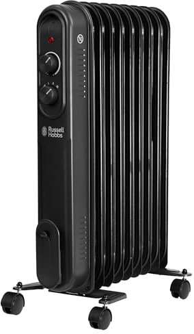 Russell Hobbs 2000W/2KW Oil Filled Radiator, 9 Fin Portable Electric Heater - Black, Adjustable Thermostat with 3 Heat Settings, Overheat Protection, 20m sq Room Size, 2 Year Guarantee RHOFR9004B
