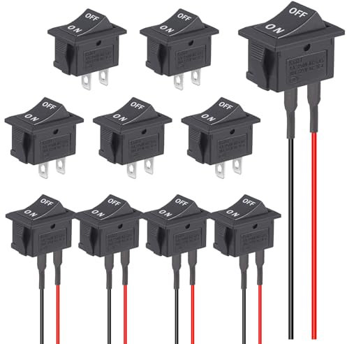 VEXUNGA Wippschalter ON OFF 5Stück Kippschalter 12V mit Draht et 5 Stück KFZ Schalter Ein Aus Mikroschalter 2Polig 6A 250V AC 10A 125V SPST Schwarz Rechteck Eingebettet (10 Stück)