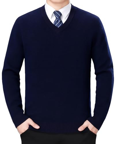 FULIER Men's V-Neck Jumper Cashmere Knitted Pullover Casual Long Sleeve Sweater Basic Sweatshirt Winter Jumper (Navy, XL)