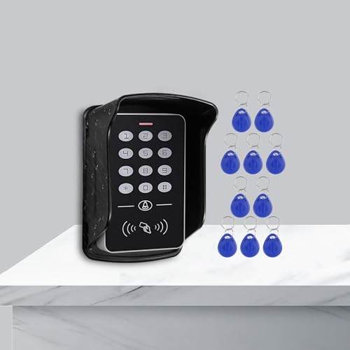 ReaIOKbii Standalone Access Keypad Proximity RFID Controller for Single Door Access Control System, Supports 1000 Users, With Rain Cover, 10 125KHz RFID Key Fob Readers