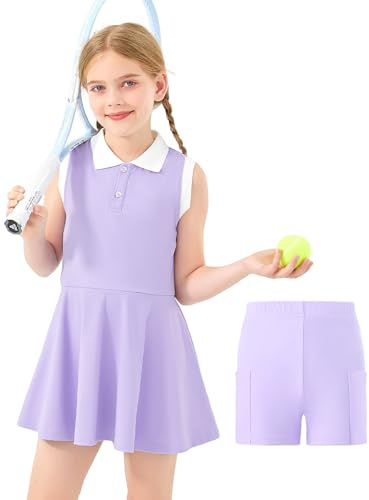 GroYolan Vestito da Tennis per Bambina con Pantaloncini Abito Ragazze Sportivo Senza Maniche Polo Golf Dress con 2 Tasche 5-15 Anni