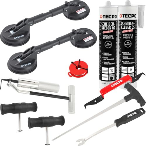 TECPO Windschutzscheiben Montage-Set, Autoglas Reparatur Werkzeug, Scheibenausbau, 2x Doppel-Saugheber, 2x Scheibenkleber Quickly-Safe, 290ml MS-Polymer, primerlos, mit Kleb- Dichtstoff-Technologie
